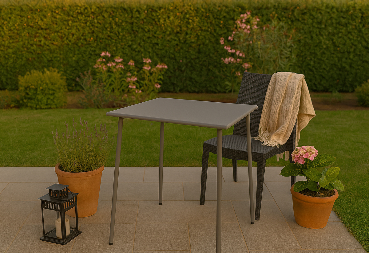 Απεικονίζεται το τραπέζι κήπου σε έναν κήπο.